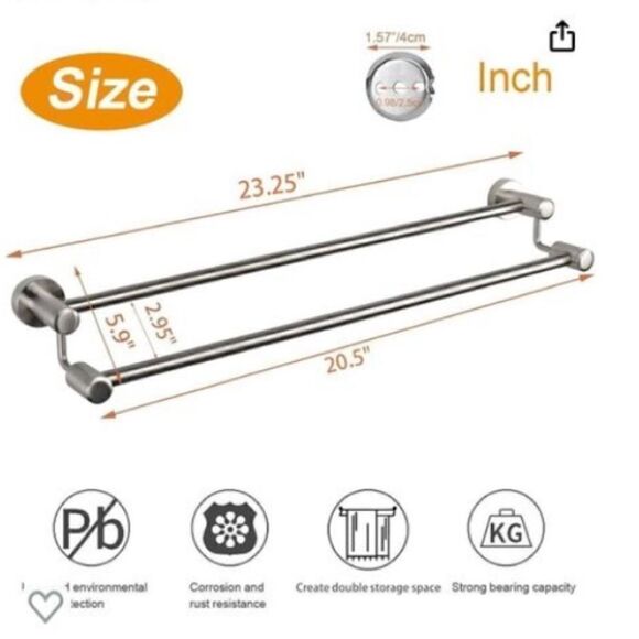 *NEW*Set Of 2 TocTen Stainless Steel Thicken Wall Mounted Double Bath Towel Bar - Picture 6 of 16